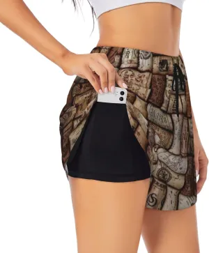 Wine Cork Print Summer Quick Dry Shorts Athletic Running Women's Workout Waisted Pockets Gym Yoga