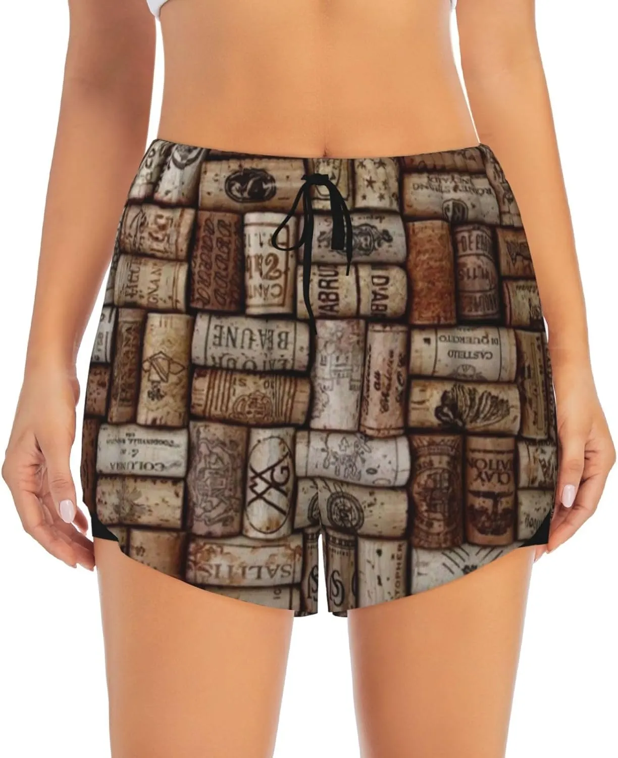 Wine Cork Print Summer Quick Dry Shorts Athletic Running Women's Workout Waisted Pockets Gym Yoga