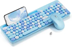 Wireless Keyboard and Mouse Combo, Retro Round Keycaps, Cute Full-Size Typewriter Keyboard with Phone Holder, Sleep Mode, Click Soft, 2.4GHz Cordless Connection for Windows/PC/Laptop, Blue