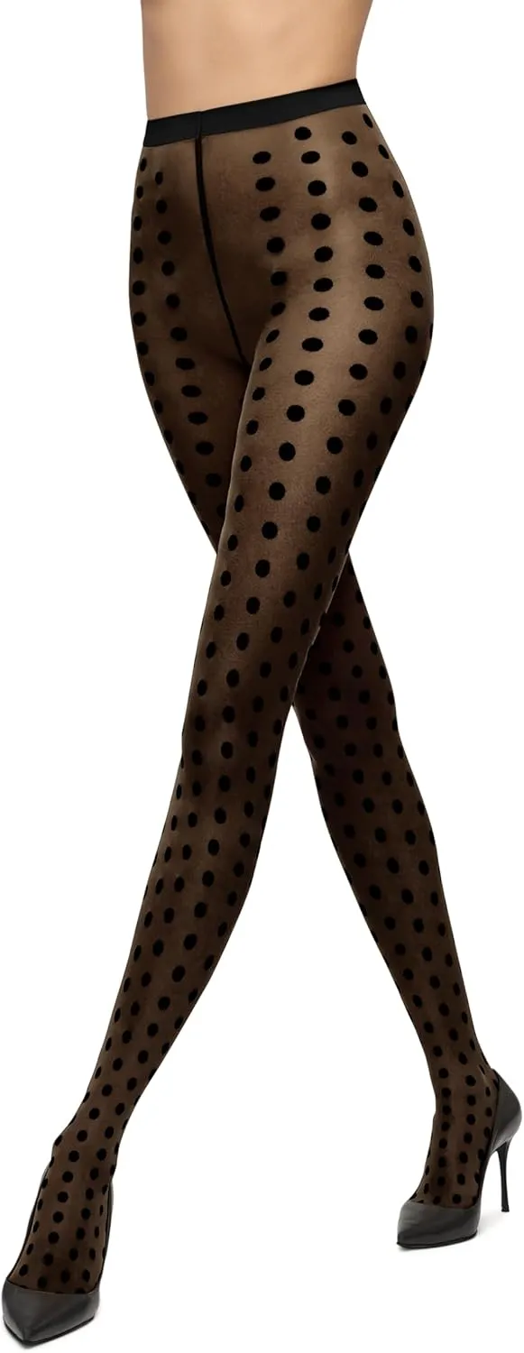 Wolford Bonny Dots Tights For Women Pantyhose Hosiery Stocking Sheer-Opaque Delight with Bold Polka Dots & Knitted Waistband