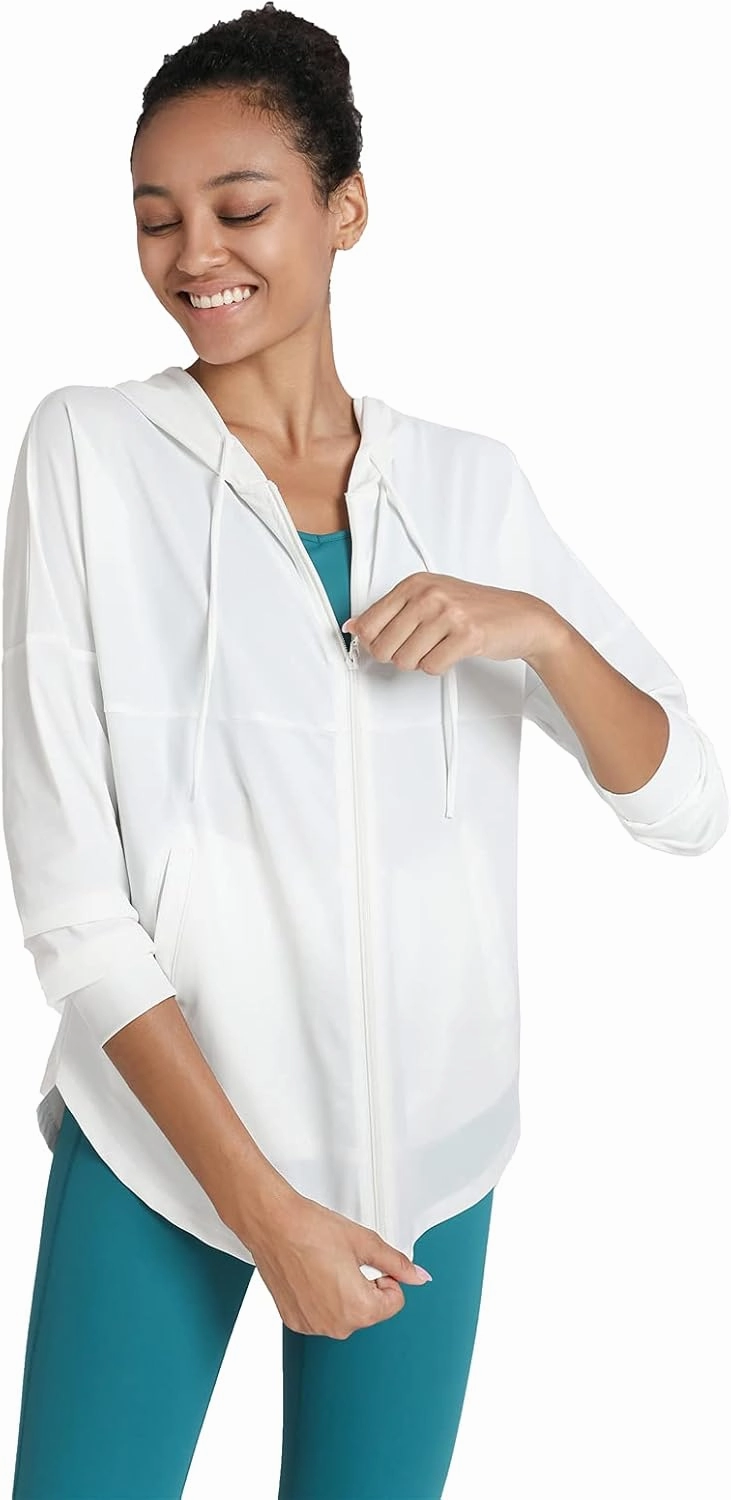 Women Long Sleeve UV Protection Loose Yoga Jacket Comfy Zipper Hoodied Jogging Jacket