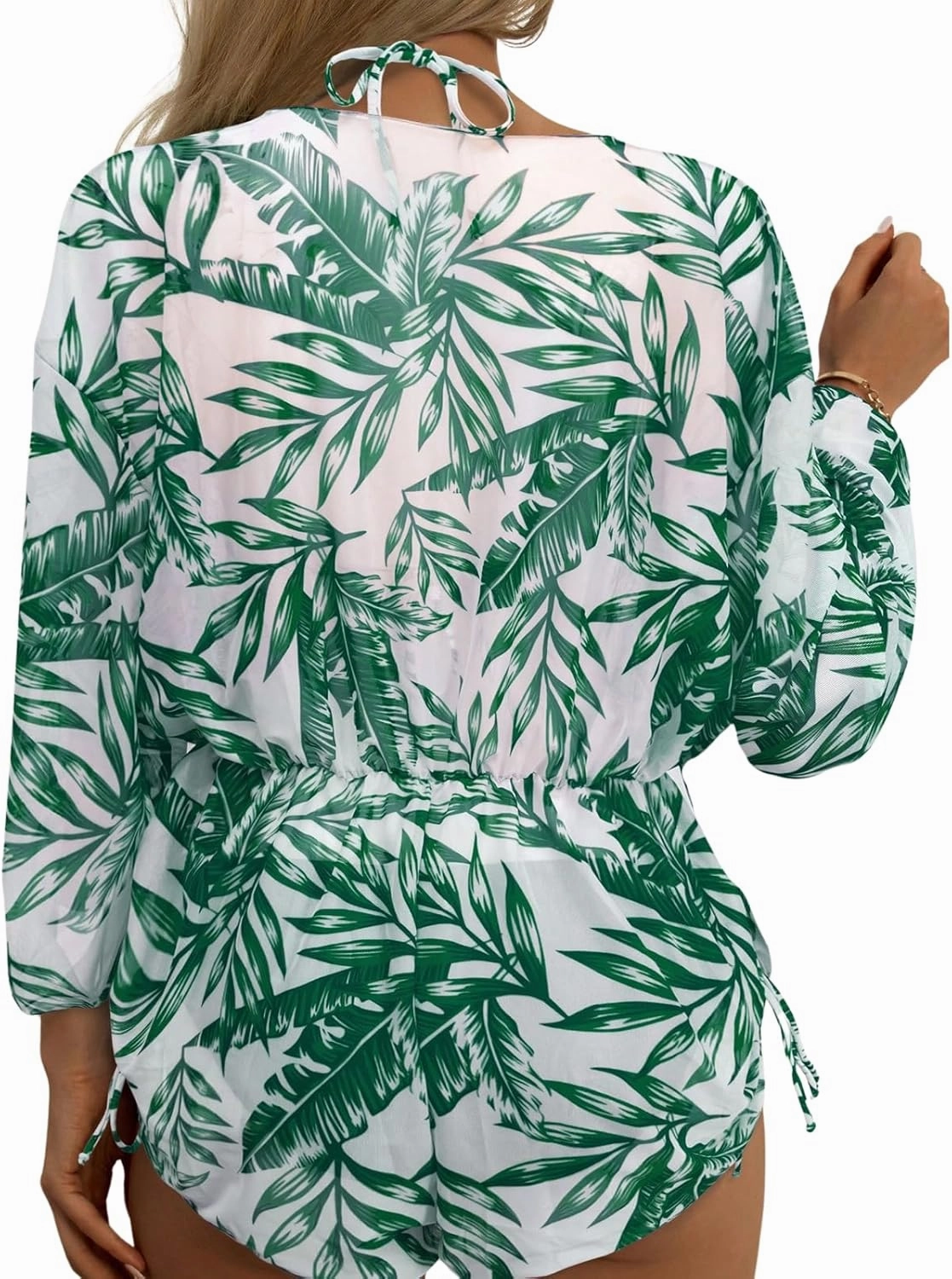 Women's 3 Piece Swimsuit Bikini Set Leaf Print Sexy Triangle Halter Bathing Suit Long Sleeve Mesh Beach Swimwear