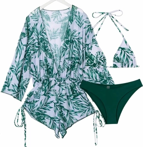 Women's 3 Piece Swimsuit Bikini Set Leaf Print Sexy Triangle Halter Bathing Suit Long Sleeve Mesh Beach Swimwear