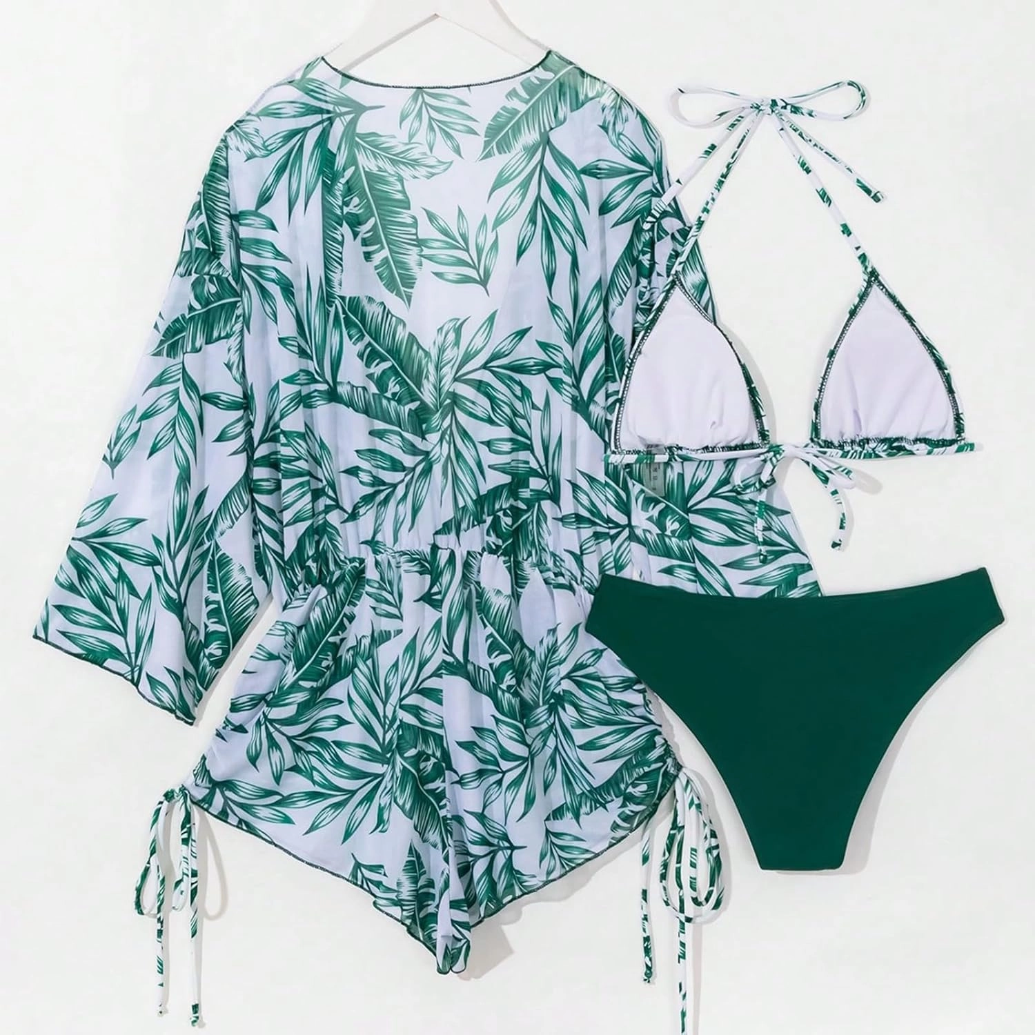 Women's 3 Piece Swimsuit Bikini Set Leaf Print Sexy Triangle Halter Bathing Suit Long Sleeve Mesh Beach Swimwear