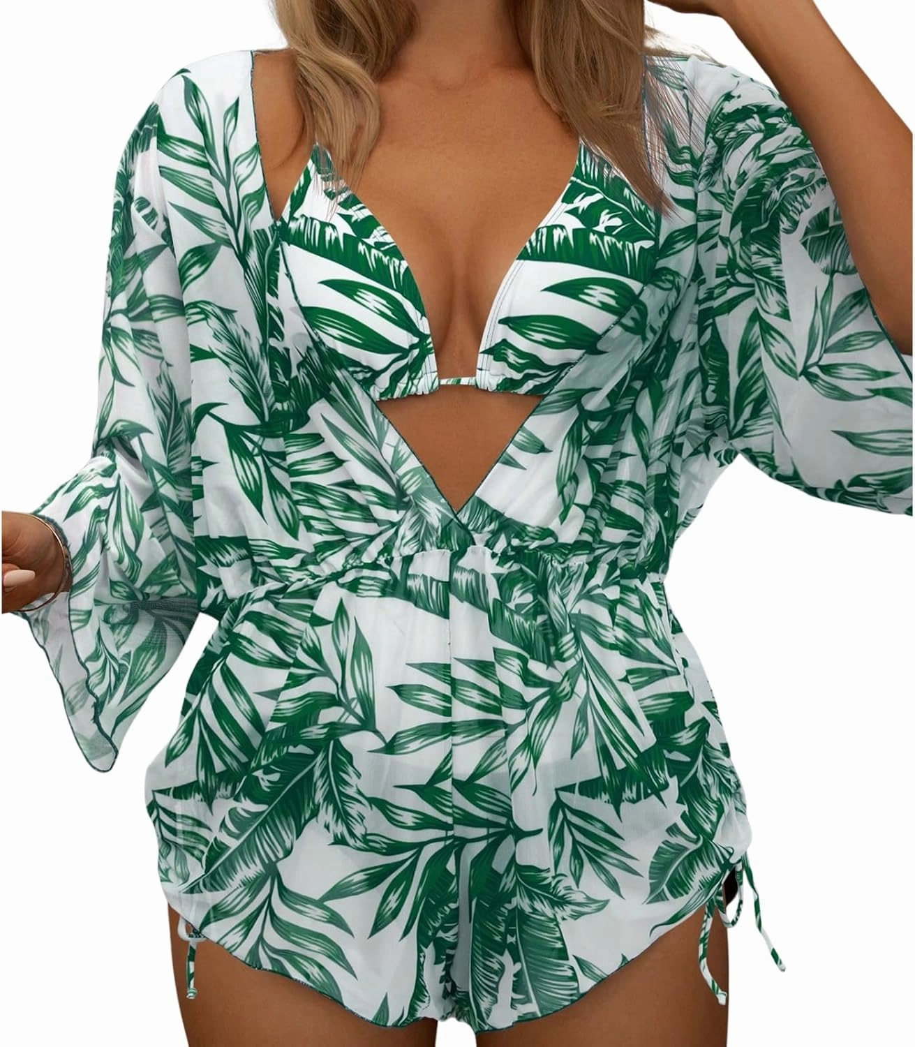 Women's 3 Piece Swimsuit Bikini Set Leaf Print Sexy Triangle Halter Bathing Suit Long Sleeve Mesh Beach Swimwear