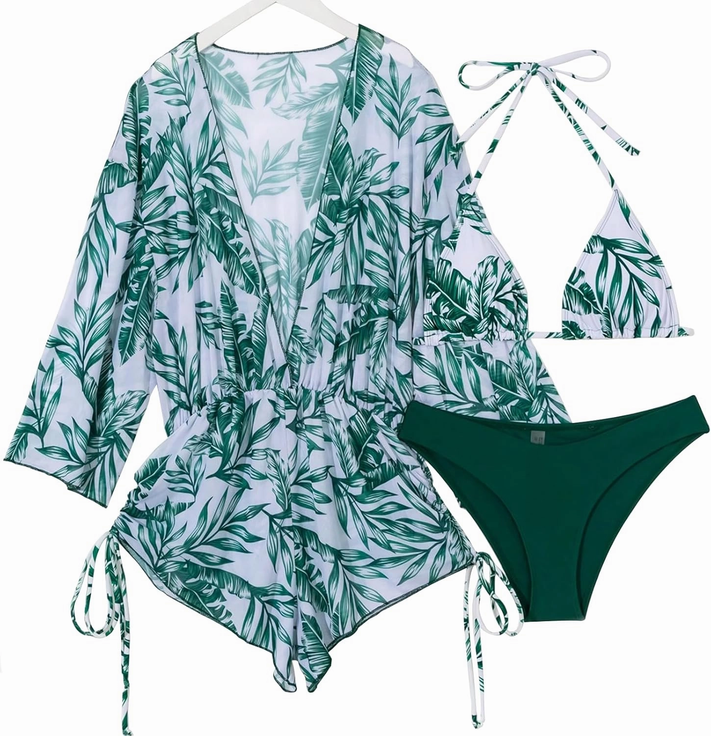 Women's 3 Piece Swimsuit Bikini Set Leaf Print Sexy Triangle Halter Bathing Suit Long Sleeve Mesh Beach Swimwear