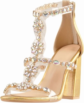 Women's Clear Strappy Rhinestones Gladiator Heels T-Strap Chunky Sandals