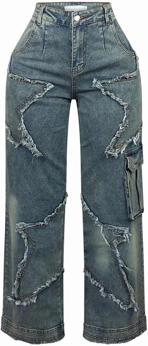 Women's High Waist Baggy Ripped Denim Jeans with Star Tassel Frayed Details Y2K Straight Leg Casual Jeans