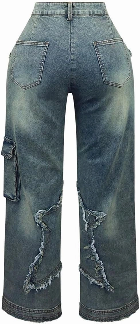 Women's High Waist Baggy Ripped Denim Jeans with Star Tassel Frayed Details Y2K Straight Leg Casual Jeans