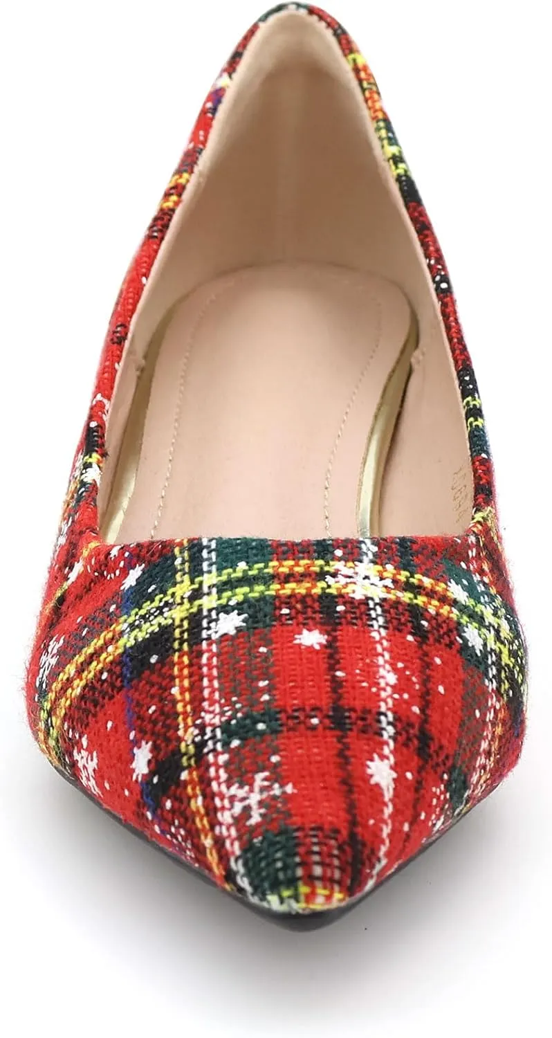 Women's Christmas Plaid Pumps 2 in, Pointed Toe, Mid Block Heels, Comfortable Cushioned Red Dress Shoes, Slip-on Festive Shoes, Anti-Skid & Flexible Rubber Sole