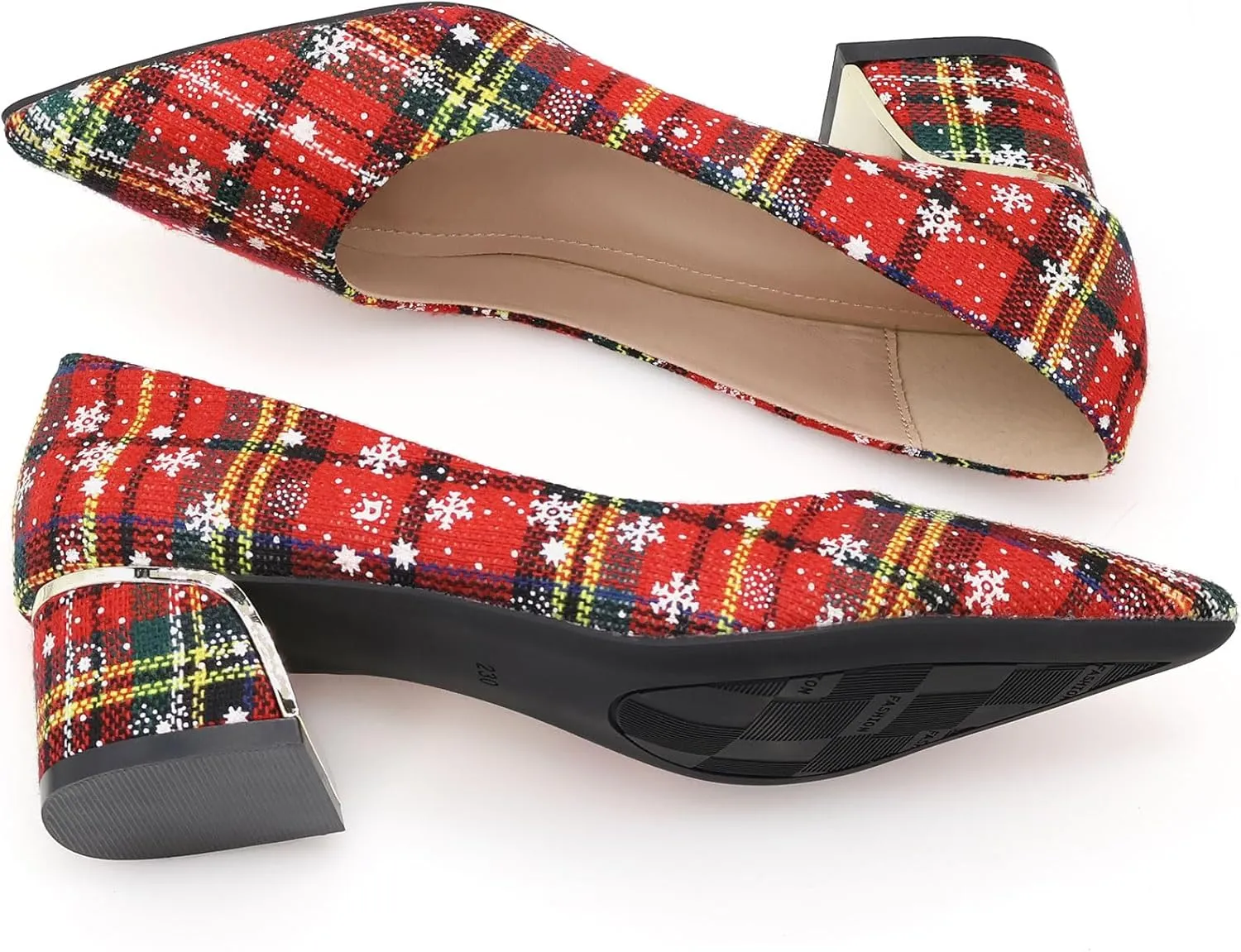Women's Christmas Plaid Pumps 2 in, Pointed Toe, Mid Block Heels, Comfortable Cushioned Red Dress Shoes, Slip-on Festive Shoes, Anti-Skid & Flexible Rubber Sole