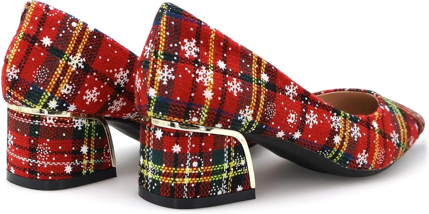 Women's Christmas Plaid Pumps 2 in, Pointed Toe, Mid Block Heels, Comfortable Cushioned Red Dress Shoes, Slip-on Festive Shoes, Anti-Skid & Flexible Rubber Sole