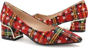 Women's Christmas Plaid Pumps 2 in, Pointed Toe, Mid Block Heels, Comfortable Cushioned Red Dress Shoes, Slip-on Festive Shoes, Anti-Skid & Flexible Rubber Sole
