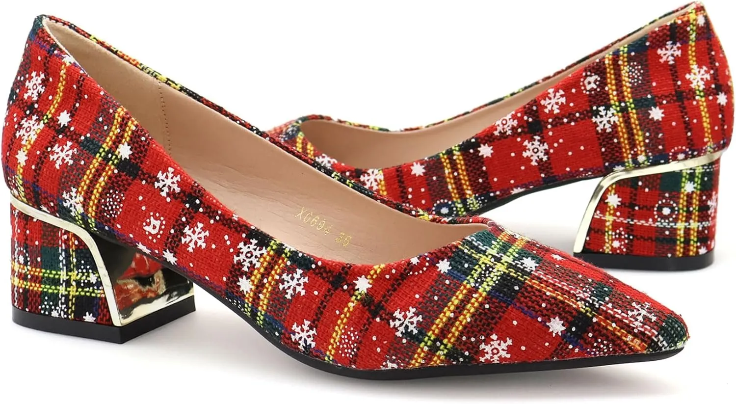 Women's Christmas Plaid Pumps 2 in, Pointed Toe, Mid Block Heels, Comfortable Cushioned Red Dress Shoes, Slip-on Festive Shoes, Anti-Skid & Flexible Rubber Sole