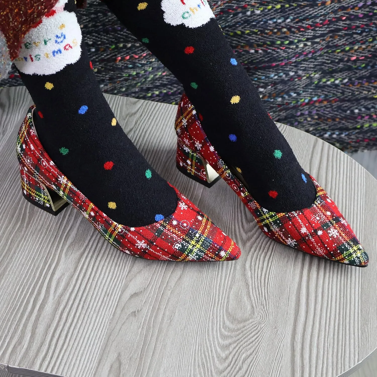 Women's Christmas Plaid Pumps 2 in, Pointed Toe, Mid Block Heels, Comfortable Cushioned Red Dress Shoes, Slip-on Festive Shoes, Anti-Skid & Flexible Rubber Sole