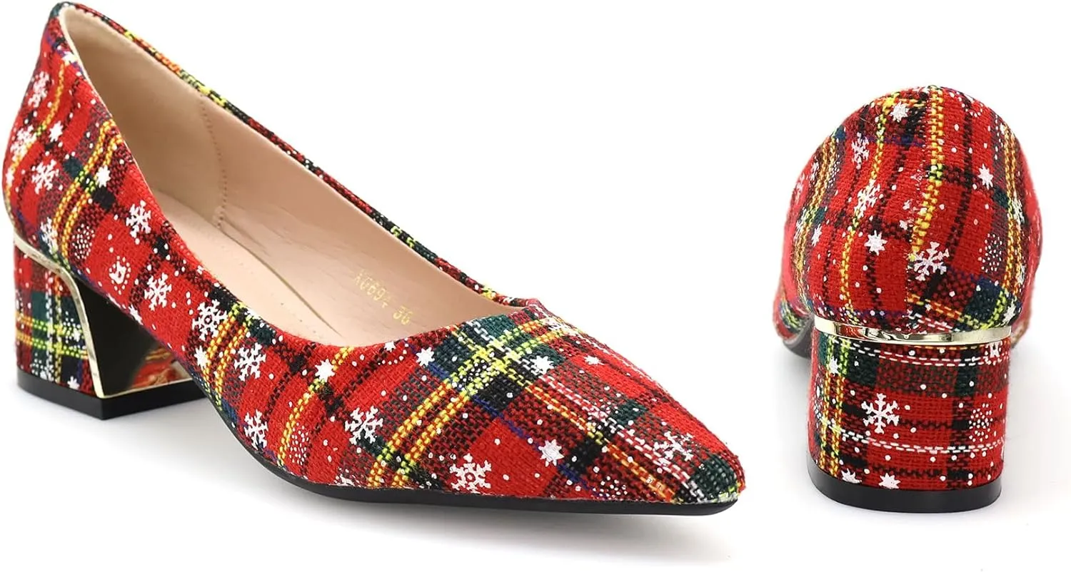 Women's Christmas Plaid Pumps 2 in, Pointed Toe, Mid Block Heels, Comfortable Cushioned Red Dress Shoes, Slip-on Festive Shoes, Anti-Skid & Flexible Rubber Sole