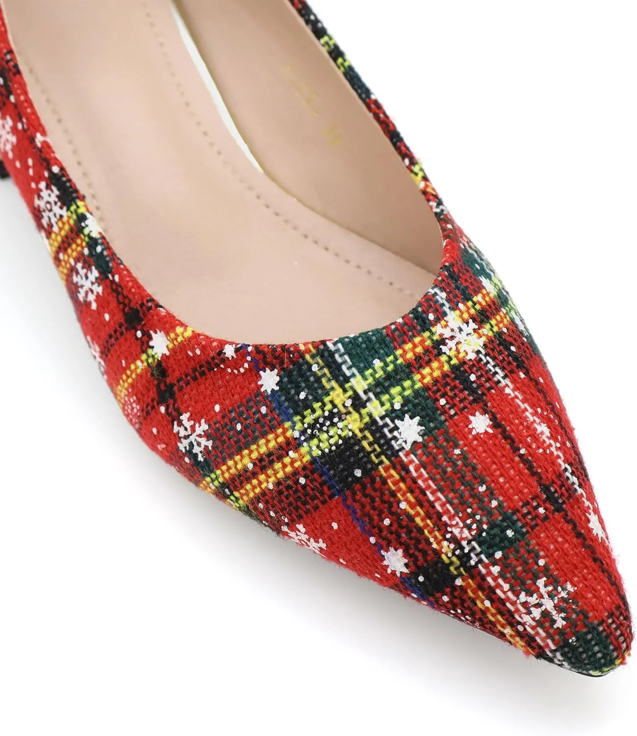 Women's Christmas Plaid Pumps 2 in, Pointed Toe, Mid Block Heels, Comfortable Cushioned Red Dress Shoes, Slip-on Festive Shoes, Anti-Skid & Flexible Rubber Sole