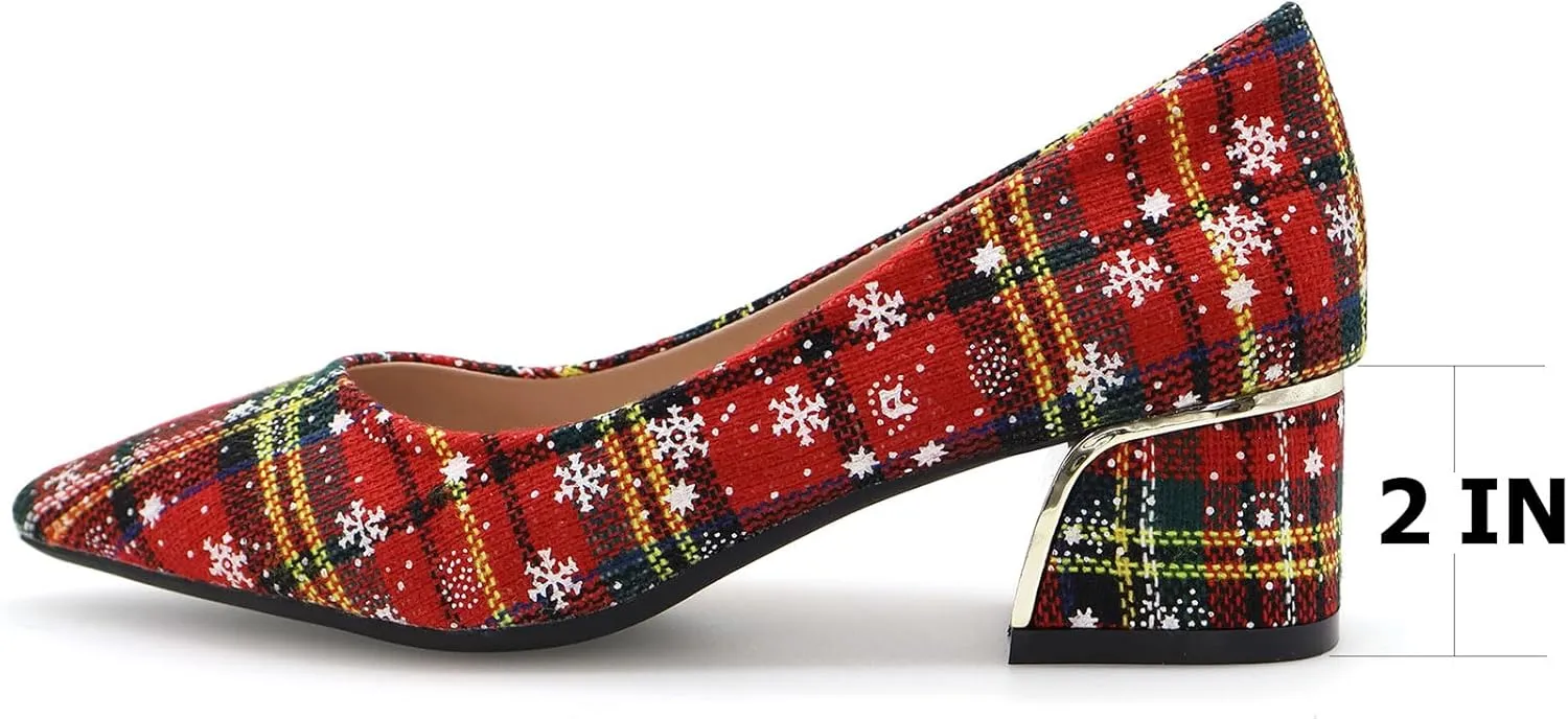 Women's Christmas Plaid Pumps 2 in, Pointed Toe, Mid Block Heels, Comfortable Cushioned Red Dress Shoes, Slip-on Festive Shoes, Anti-Skid & Flexible Rubber Sole