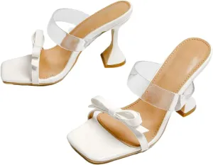Women's Clear Heels Rhinestones Lace Up Heels Square Toe Stiletto High Heel Sandals