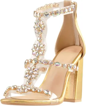 Women's Clear Strappy Rhinestones Gladiator Heels T-Strap Chunky Sandals