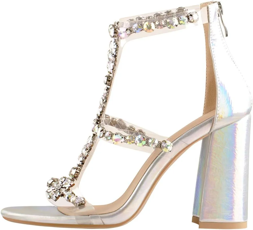 Women's Clear Strappy Rhinestones Gladiator Heels T-Strap Chunky Sandals