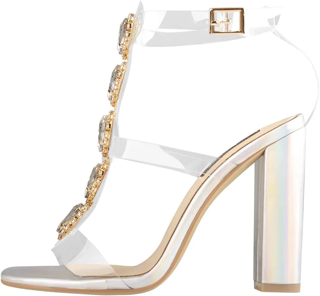 Women's Clear Strappy Rhinestones Gladiator Heels T-Strap Chunky Sandals