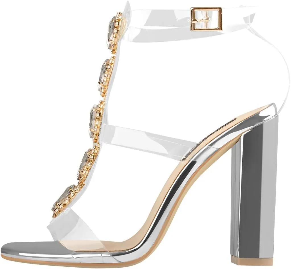 Women's Clear Strappy Rhinestones Gladiator Heels T-Strap Chunky Sandals