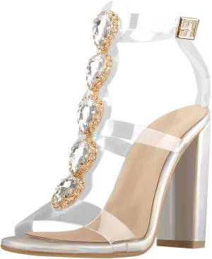 Women's Clear Strappy Rhinestones Gladiator Heels T-Strap Chunky Sandals