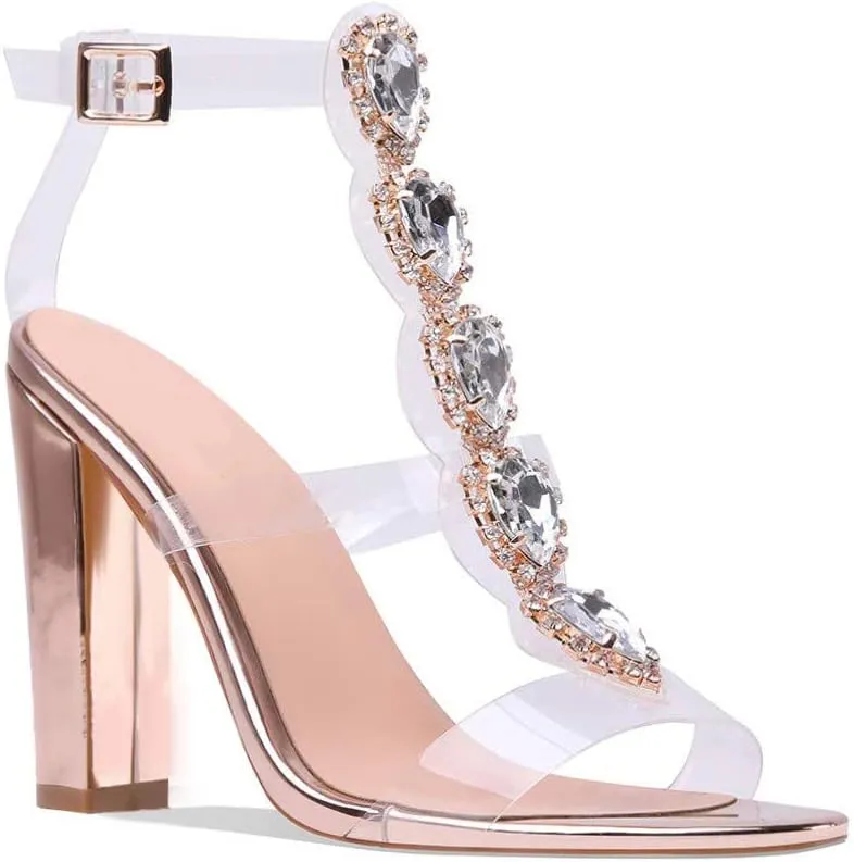 Women's Clear Strappy Rhinestones Gladiator Heels T-Strap Chunky Sandals