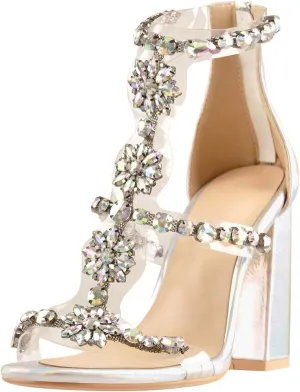Women's Clear Strappy Rhinestones Gladiator Heels T-Strap Chunky Sandals