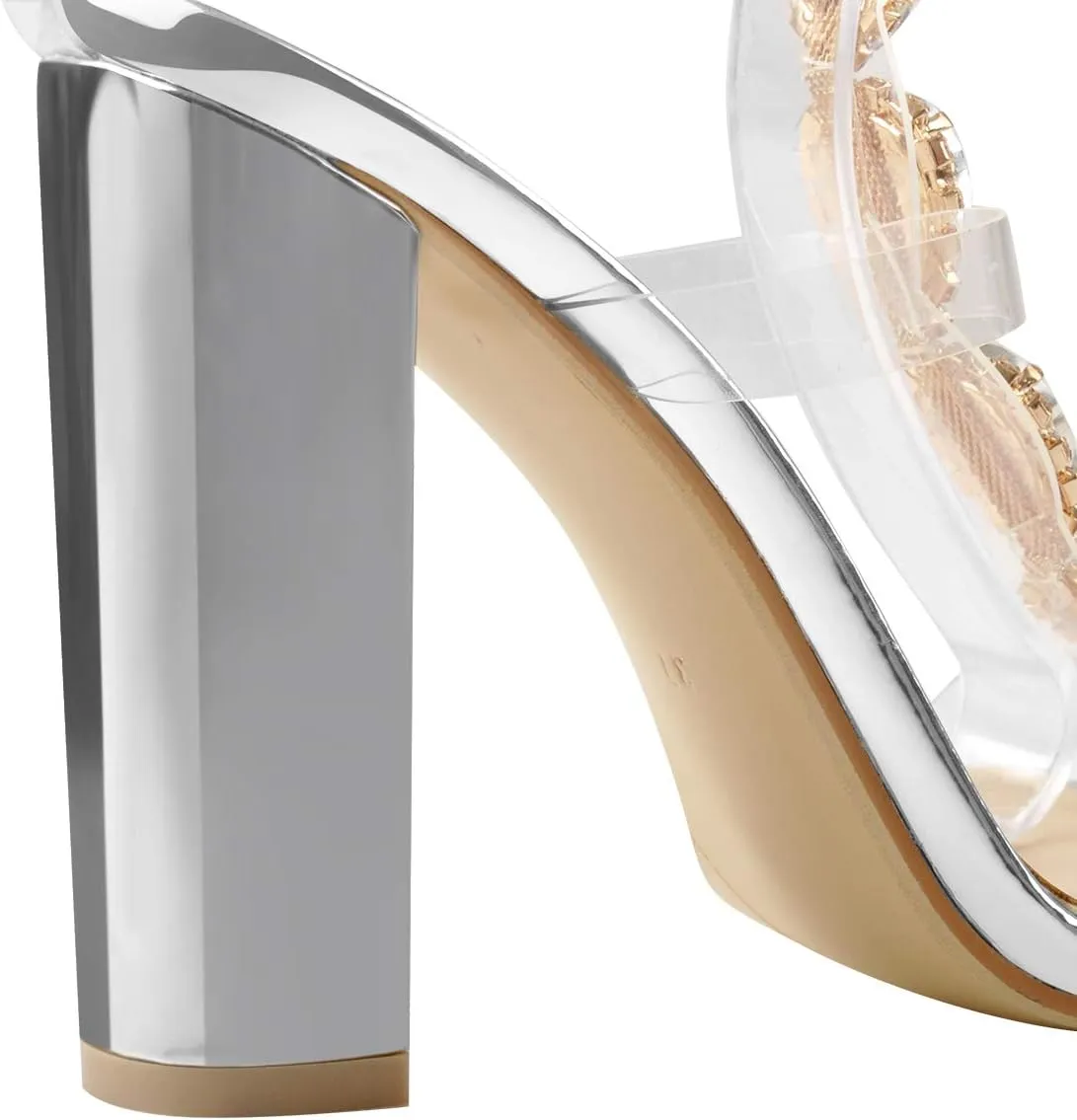 Women's Clear Strappy Rhinestones Gladiator Heels T-Strap Chunky Sandals