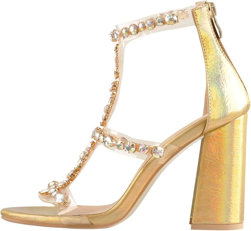 Women's Clear Strappy Rhinestones Gladiator Heels T-Strap Chunky Sandals