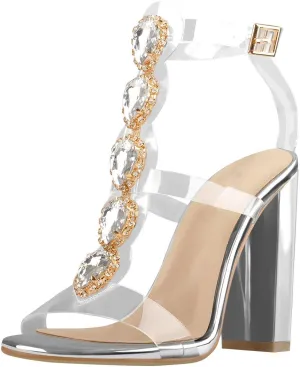 Women's Clear Strappy Rhinestones Gladiator Heels T-Strap Chunky Sandals