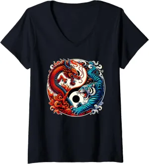 Womens Dragon & Tiger Yin Yang Power V-Neck T-Shirt