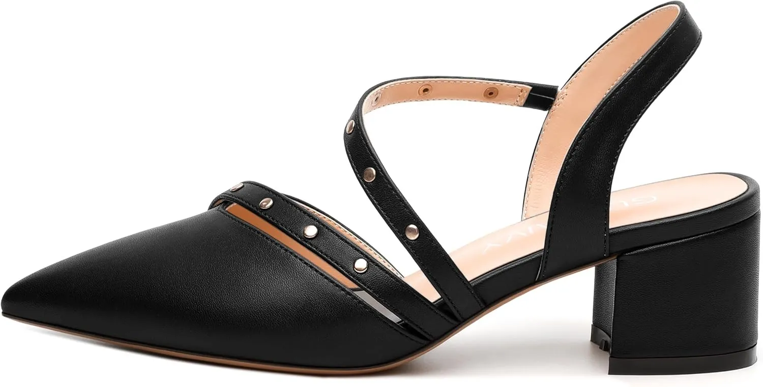 Women's Low Block Heel Pumps - Pointed Toe Slingback Slip-On, Solid Color Dress Shoes for Weddings, Parties & Everyday Wear