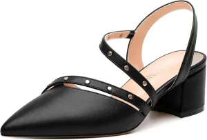 Women's Low Block Heel Pumps - Pointed Toe Slingback Slip-On, Solid Color Dress Shoes for Weddings, Parties & Everyday Wear