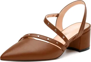 Women's Low Block Heel Pumps - Pointed Toe Slingback Slip-On, Solid Color Dress Shoes for Weddings, Parties & Everyday Wear