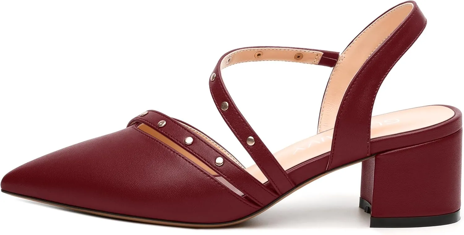 Women's Low Block Heel Pumps - Pointed Toe Slingback Slip-On, Solid Color Dress Shoes for Weddings, Parties & Everyday Wear
