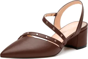 Women's Low Block Heel Pumps - Pointed Toe Slingback Slip-On, Solid Color Dress Shoes for Weddings, Parties & Everyday Wear