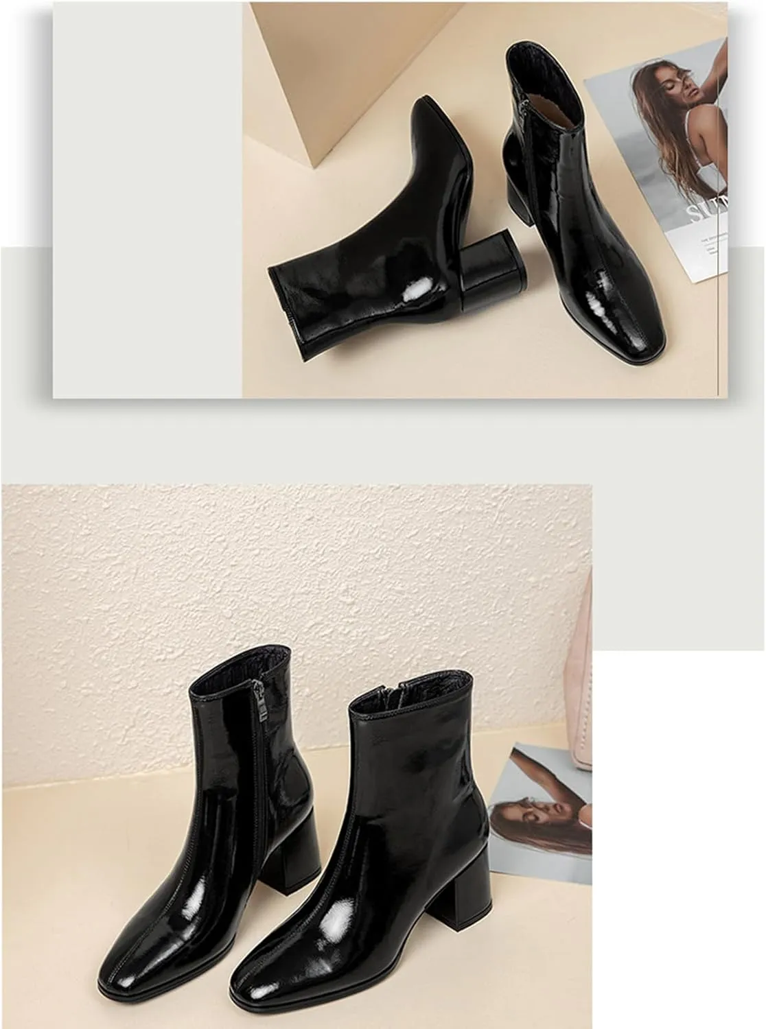 Women'S Patent Leather Chunky Heel Dress Ankle Boots With Side Zipper Fashion Square Toe Wedding Gogo Short Booties Autumn Party Ankle Boots