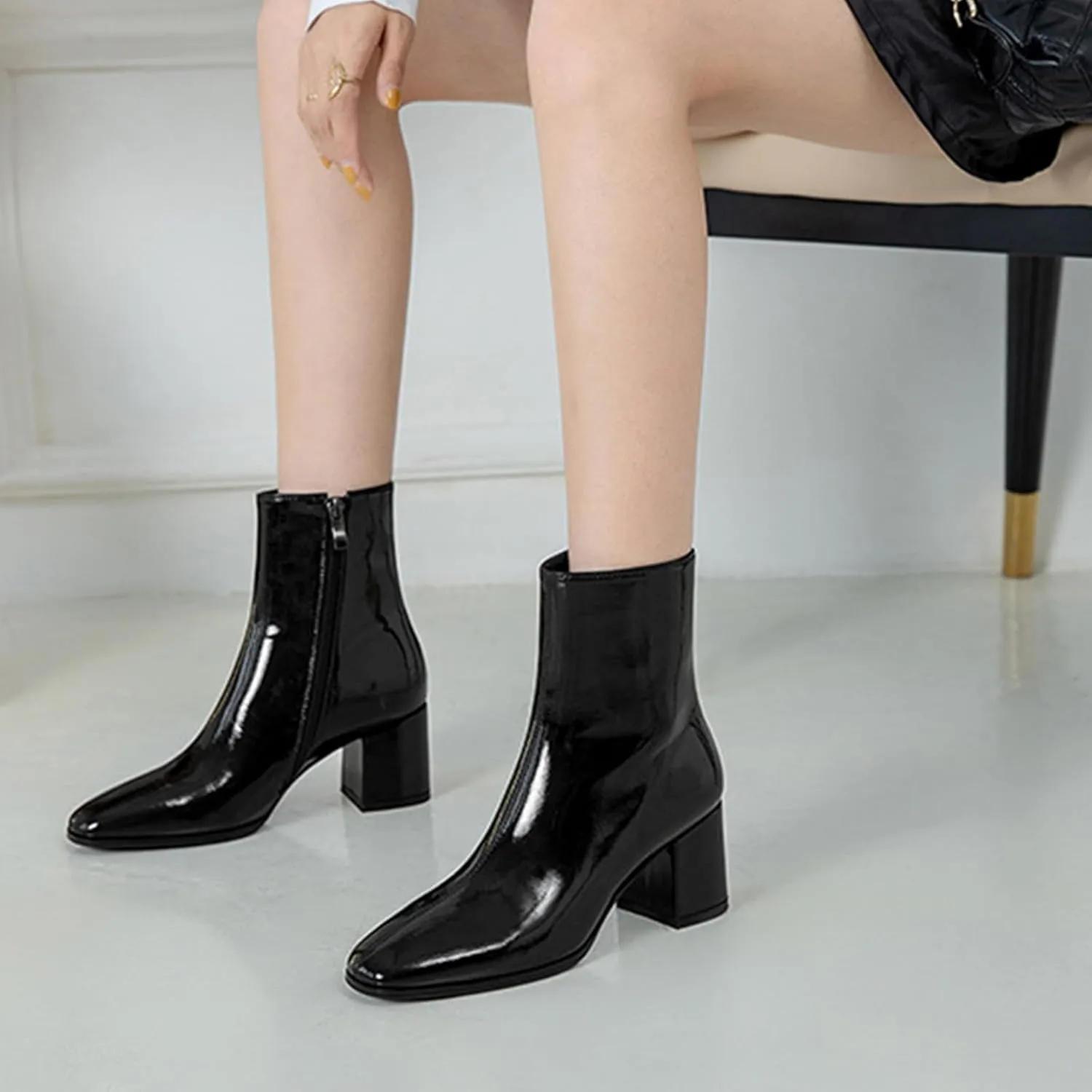 Women'S Patent Leather Chunky Heel Dress Ankle Boots With Side Zipper Fashion Square Toe Wedding Gogo Short Booties Autumn Party Ankle Boots