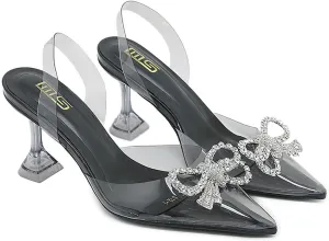 Women's Rhinestones Bow Clear Heels Slingback Pumps Fashion Comfort Closed Pointed Toe Kitten Heels Sandals for Wedding Party Dress Shoes