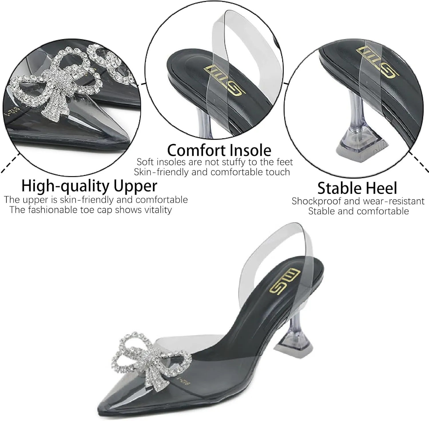 Women's Rhinestones Bow Clear Heels Slingback Pumps Fashion Comfort Closed Pointed Toe Kitten Heels Sandals for Wedding Party Dress Shoes