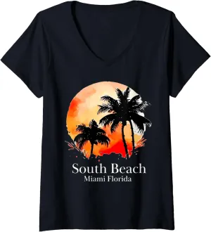 Womens South Beach Miami Sunset with Silhouetted Palm Trees V-Neck T-Shirt