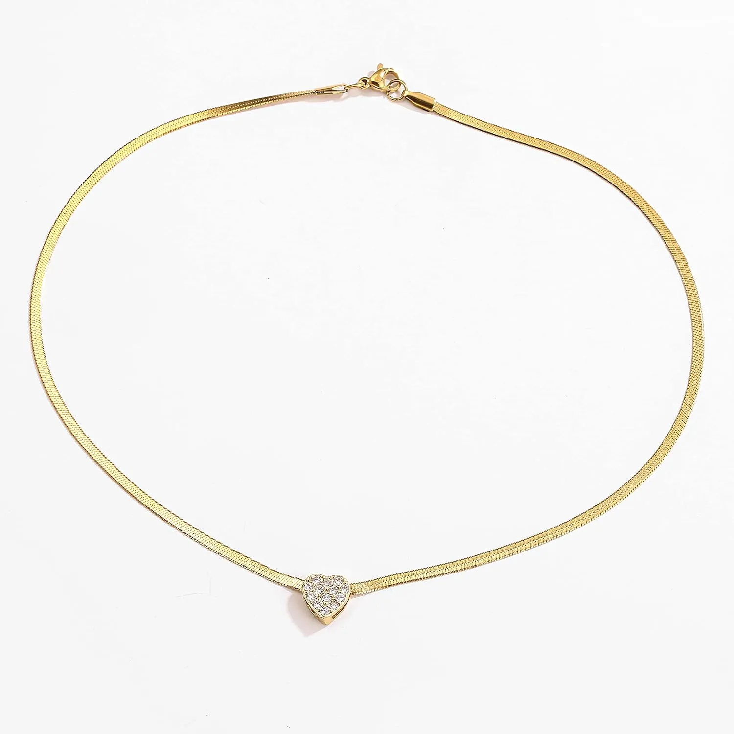 Women's Stainless Steel Flat Snake Chain Choker Necklace with Pave Cubic Zirconia Star Charm, Silver Tone - Gold White