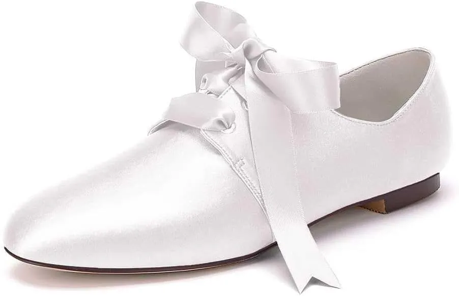 Womens Wedding Shoes Women’s Flat Shoes Round Toe Satin Lace up Low Heels Comfort Dress Shoes Wedding Bridal Pumps Sandals Dark Green(Ivory,5 UK)