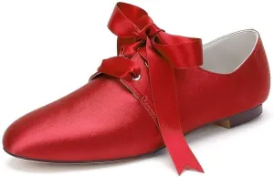 Womens Wedding Shoes Women’s Flat Shoes Round Toe Satin Lace up Low Heels Comfort Dress Shoes Wedding Bridal Pumps Sandals Dark Green(Red,6 UK)