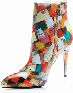Womens High Stiletto Heels Blue Multicolor Square Printed Closed Toe Sexy Ankle Bootie Shoes