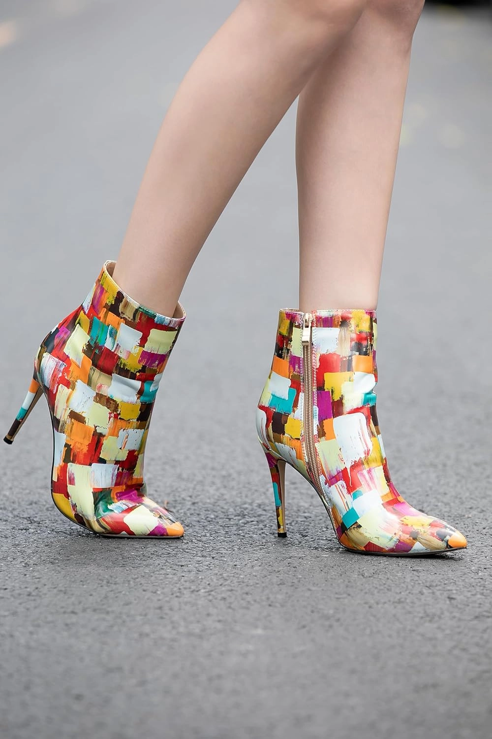 Womens High Stiletto Heels Blue Multicolor Square Printed Closed Toe Sexy Ankle Bootie Shoes
