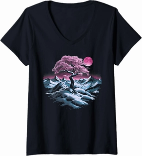 Womens Majestic Snowy Mountain Range with Mystical Pink Tree Moon V-Neck T-Shirt
